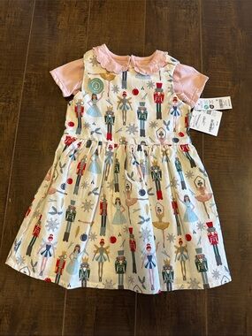 Girls Nutcracker Ballet Print Dress with Pink Collar